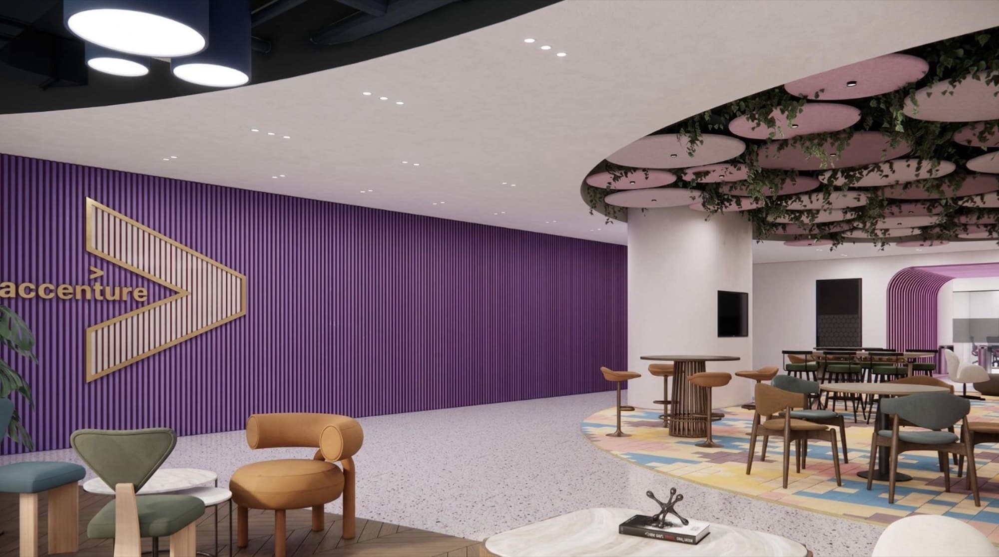 Work café with a purple fluted wall bearing Accenture's chevron, pastel terrazzo floor and suspended acoustic discs