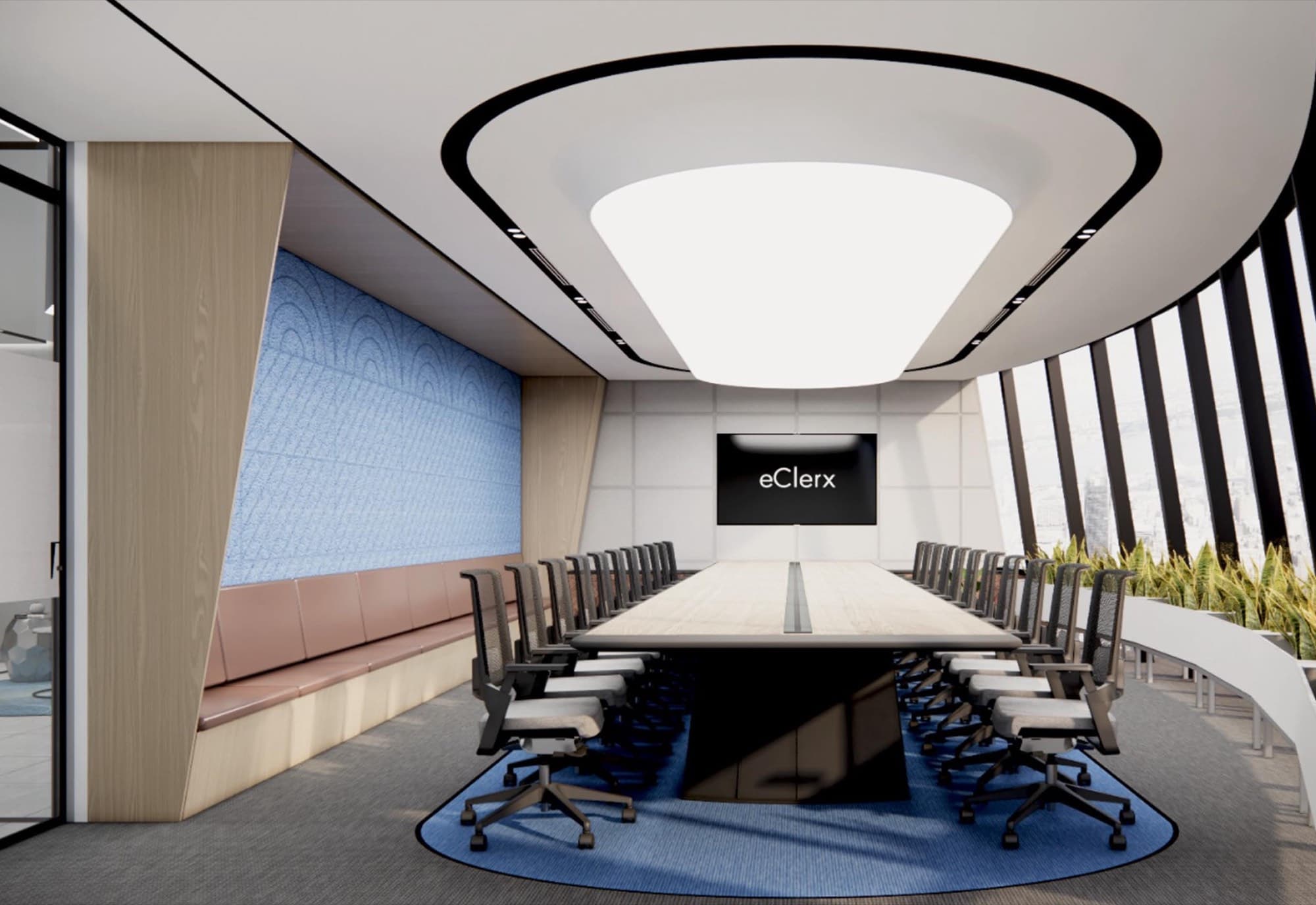 Boardroom with a large oval stretched-membrane ceiling light, angled glazing and blue acoustic wall